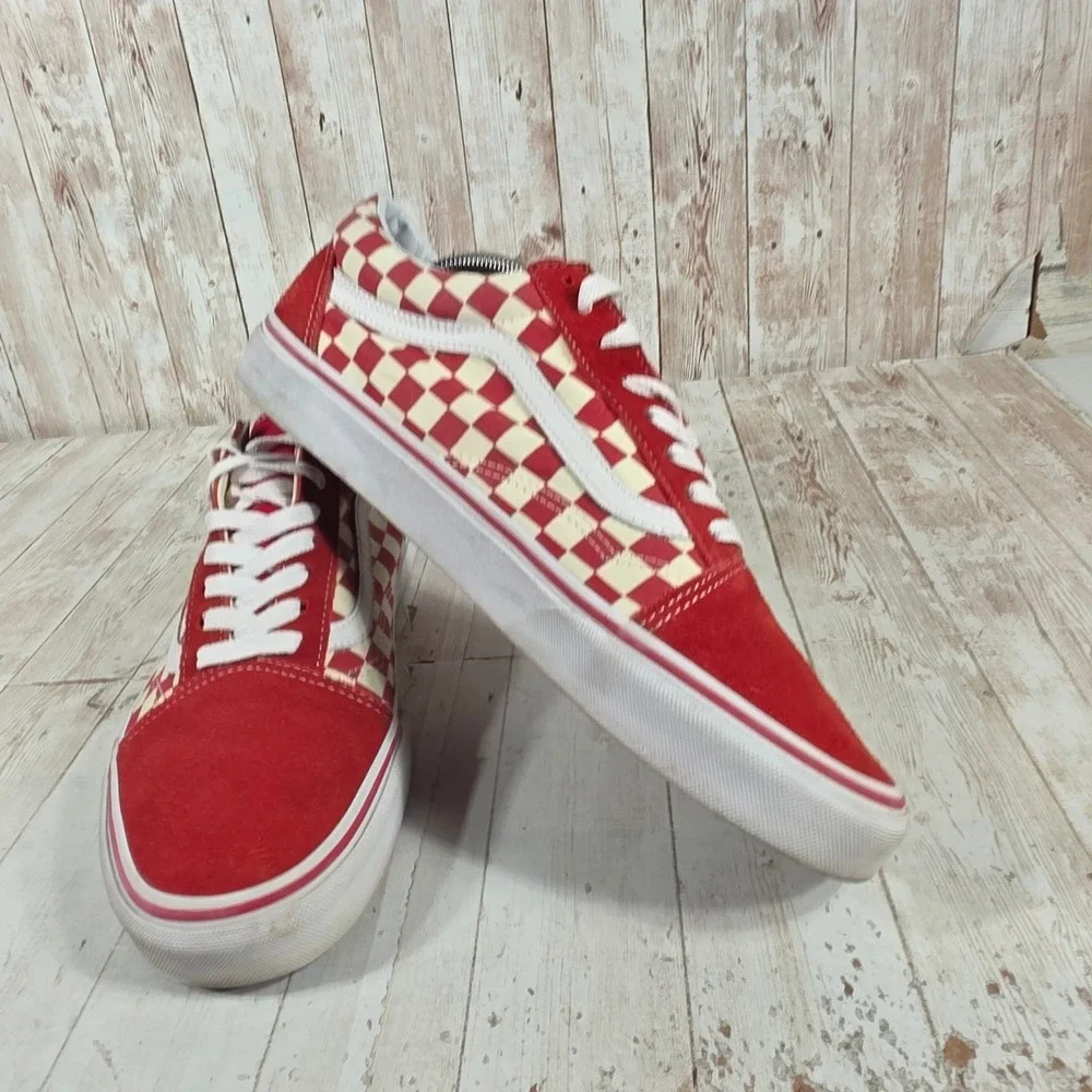 Vans Old Skool Red White Checkerboard Suede Canvas Skate Shoes Mens 11